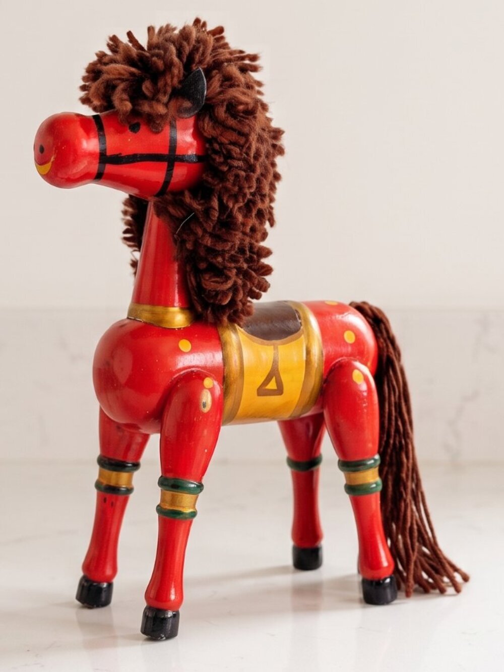 Vintage Wooden Red Horse Toy – Hand-Painted Folk Art Decor 10"